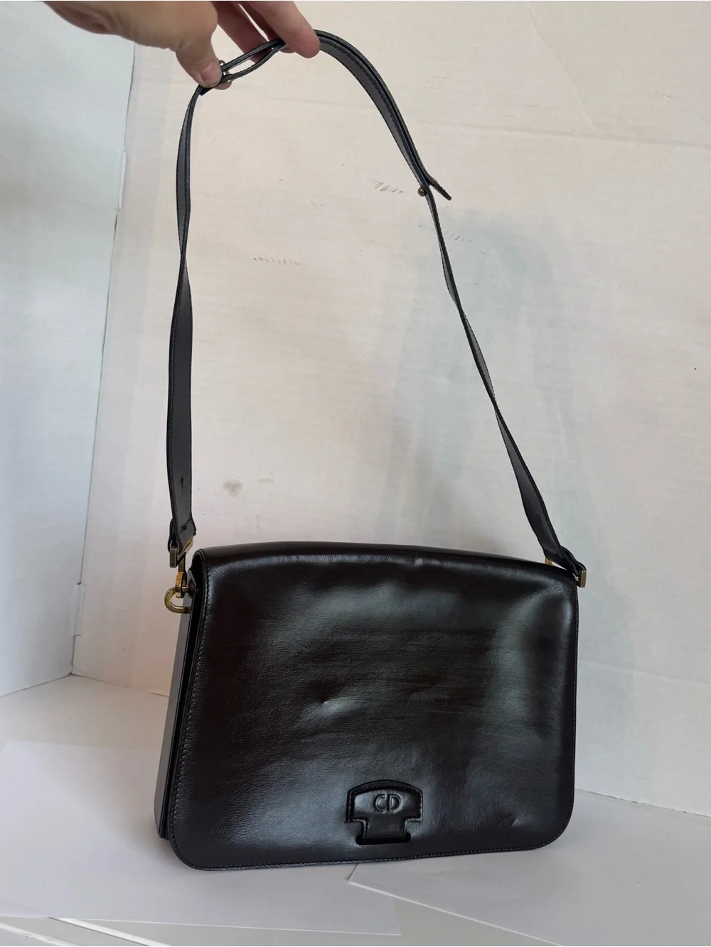 Authentic Christian Dior Large Shoulder Purse Bag Dark Brown Leather Structured